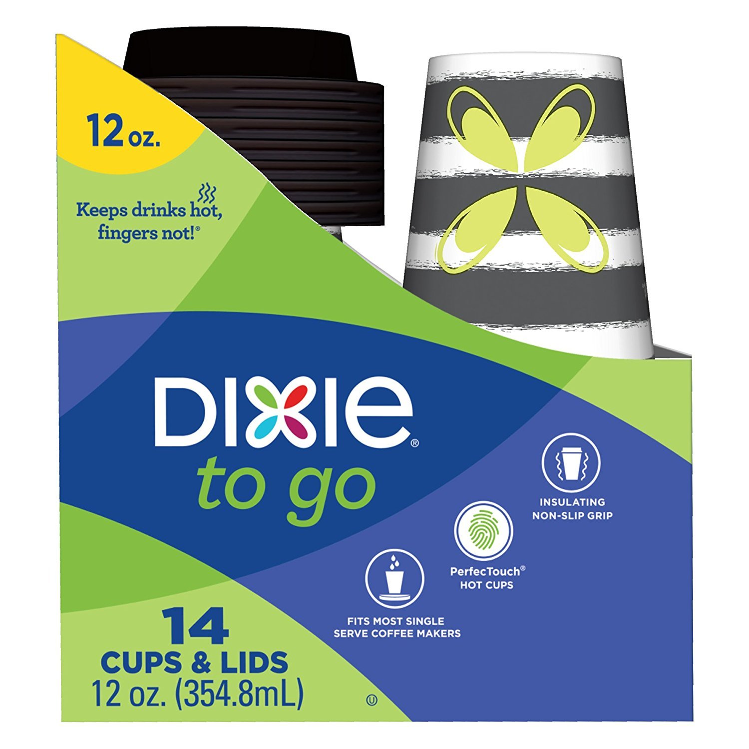Dixie To Go Coffee Cups and Lids, Assorted Designs, Disposable Hot Beverage Cups & Lids (14 Count), Variety Pack