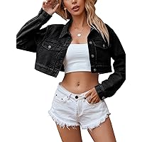 PEHMEA Womens Button Down Distressed Long Sleeve Crop Denim Jacket with Pockets