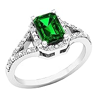 Dazzlingrock Collection 7x5mm Emerald Cut Lab Created Emerald & Round White Diamond Halo Split Shank Engagement Ring for Women in Gold