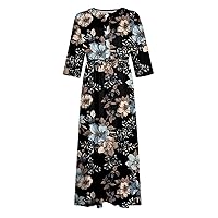 Women's Summer Dresses, Casual Printed Lapel Collar Button 3/4 Sleeve Clothing Straps Dress 3D Floral, S, 3XL