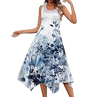 Warehouse A Mazon Warehouse Deals,Summer Dresses for Women 2024 Floral Casual Bodycon Dresses O-Neck Tank Sleeveless Irregular Hem Midi Sundresses Boho Beach Vacation Womens Dresses(B-Blue,M)