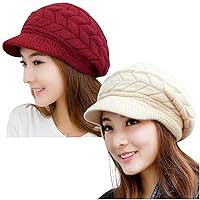 2 Pack Women Winter Warm Knit Hat Slouchy Beanie Cap with Visor, Black&Beige