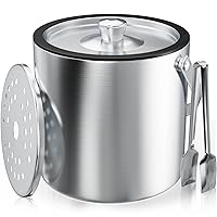 Ice Bucket 2L with Silicone Lid, Strainer, Tongs,Small Double Wall Insulated Stainless Steel Ice Bucket Wine Bucket for Cocktail Bar and Parties
