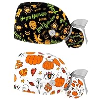 2 Packs Working Cap with Buttons, Adjustable Elastic Bandage Tie Back Hats, Scrub Surgical Cap Halloween Skull