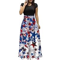 American Flag Dress Women 4th of July Fashion Casual Print Round Neck Short Sleeves Oversized Maxi Dress