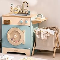 ROBUD Wooden Laundry Playset, Washer and Dryer Set for Kids, Realistic Pretend Play Washing Machine with Basket, Iron, Soap, Bleach, Laundry Detergent, Gift for Boys & Girls, Ages 3+