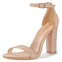 ElElax Women's 4 Inches Block High Heels Sandal, Nude Black Silver, Ankle Strap, Open Toe, for Wedding, Party, Prom