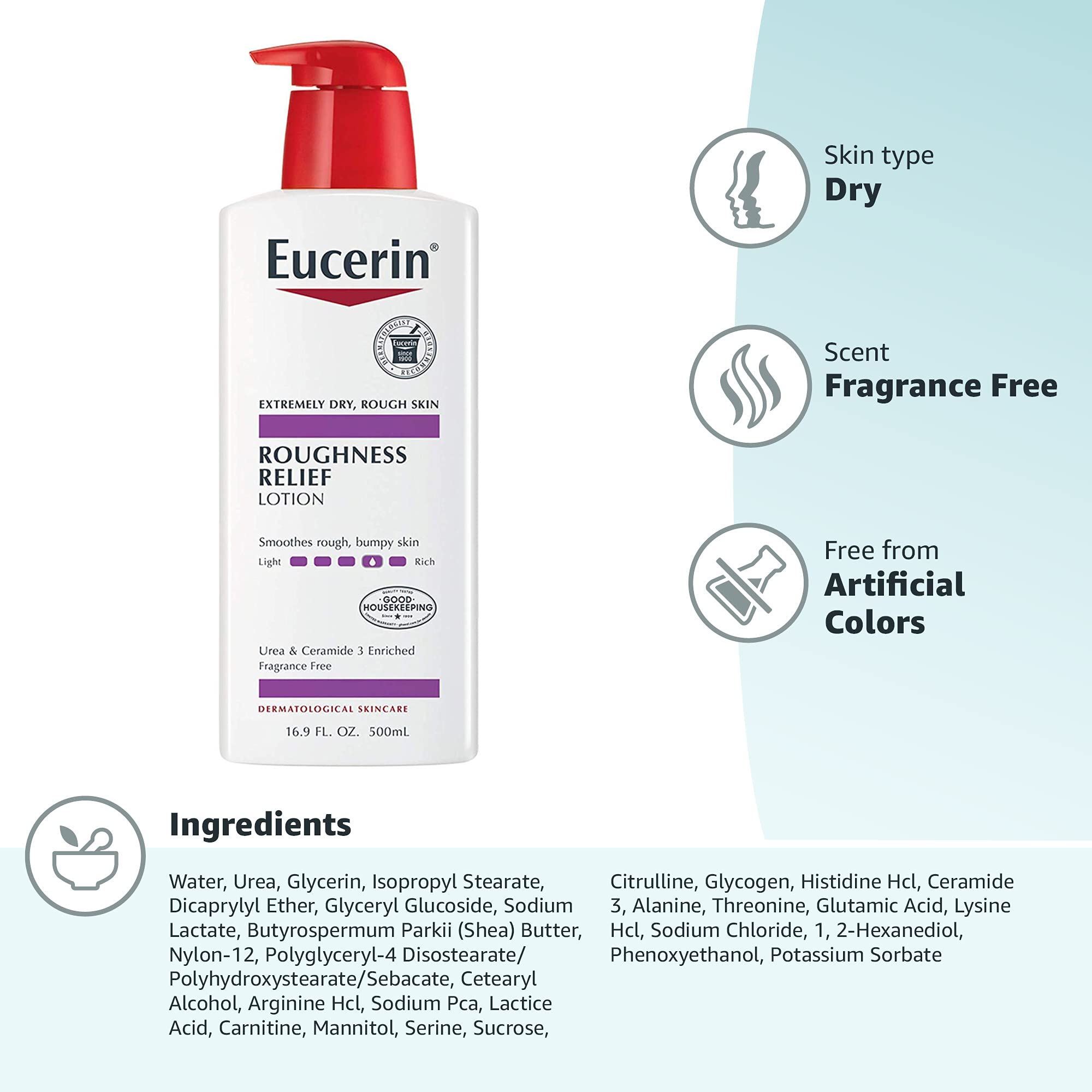 Eucerin Roughness Relief Body Lotion, Unscented Body Lotion for Dry Skin, 16.9 Fl Oz Pump Bottle