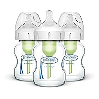 Dr. Brown's Natural Flow Anti-Colic Options+ Wide-Neck Glass Baby Bottles 5 oz/150 mL, with Level 1 Slow Flow Nipple, 3 Pack, 0m+