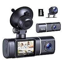 VSTARK 3 Channel Car Dash Cam with 64GB U3 SD Card, Car Camera - Dash Cam Front and Rear Inside of Loop Recording G-Sensor, Dash Camera Dashcam for Cars of Motion Detection 2 Mounting Options
