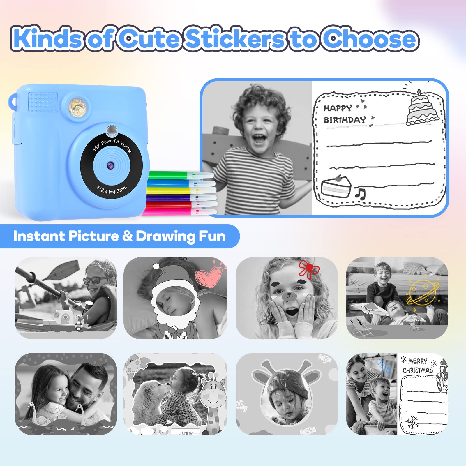 Anchioo Instant Print Camera Toys for Toddlers Age 3-8,Boys and Girls Birthday Gifts with 1080P HD Video Recording,Kids Selfie Digital Camera Electronic Travel Game with Photo Paper 6 Color Pens,Blue