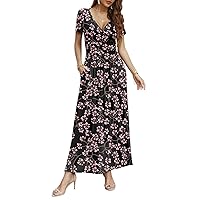 Women Short Sleeve Deep V-Neck Casual Long Dress Pleated Waist Maxi Dresses with Pockets