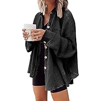 Women's Loose Fit Batwing Sleeve Waffle Knit Button Down Shirt Shacket Tops