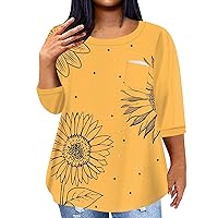 Plus Size Womens Tops Dressy Casual Plus Size Tops for Women Sunflower Print Casual Fashion Trendy Loose Fit with 3/4 Sleeve Round Neck Shirts Orange 4X-Large
