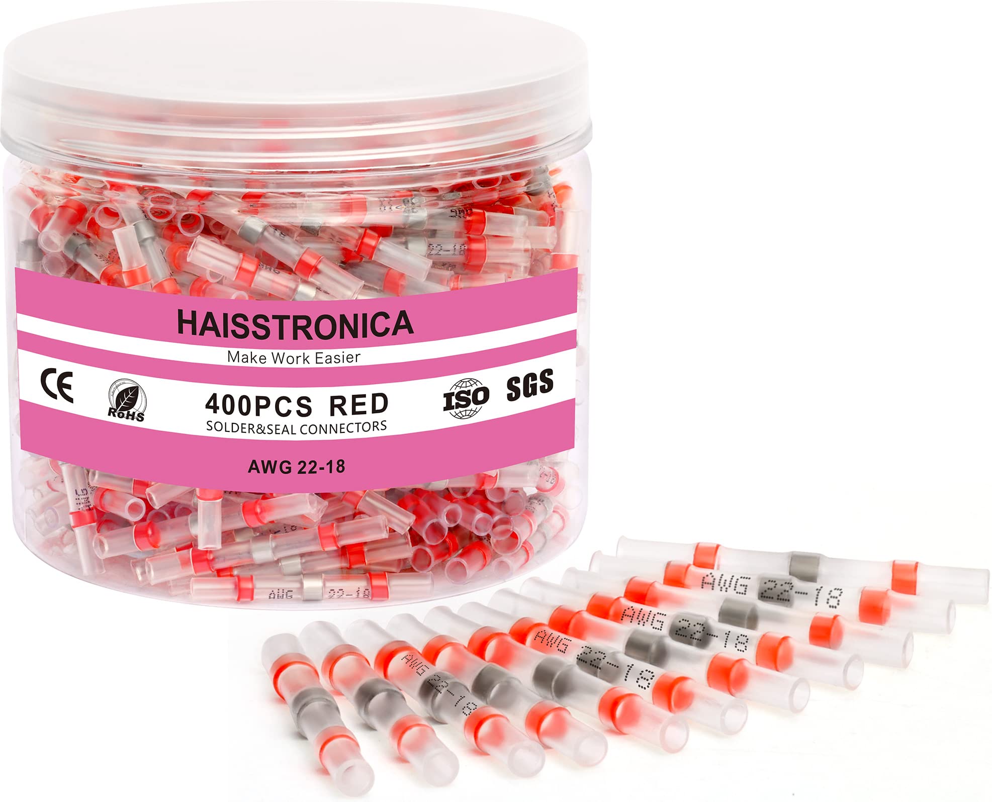 haisstronica 400PCS Solder Seal Wire Connectors,Heat Shrink Butt Connectors, Insulate Waterproof Wire Connectors for Watercraft,Electrical,Electronics 22-18 Red