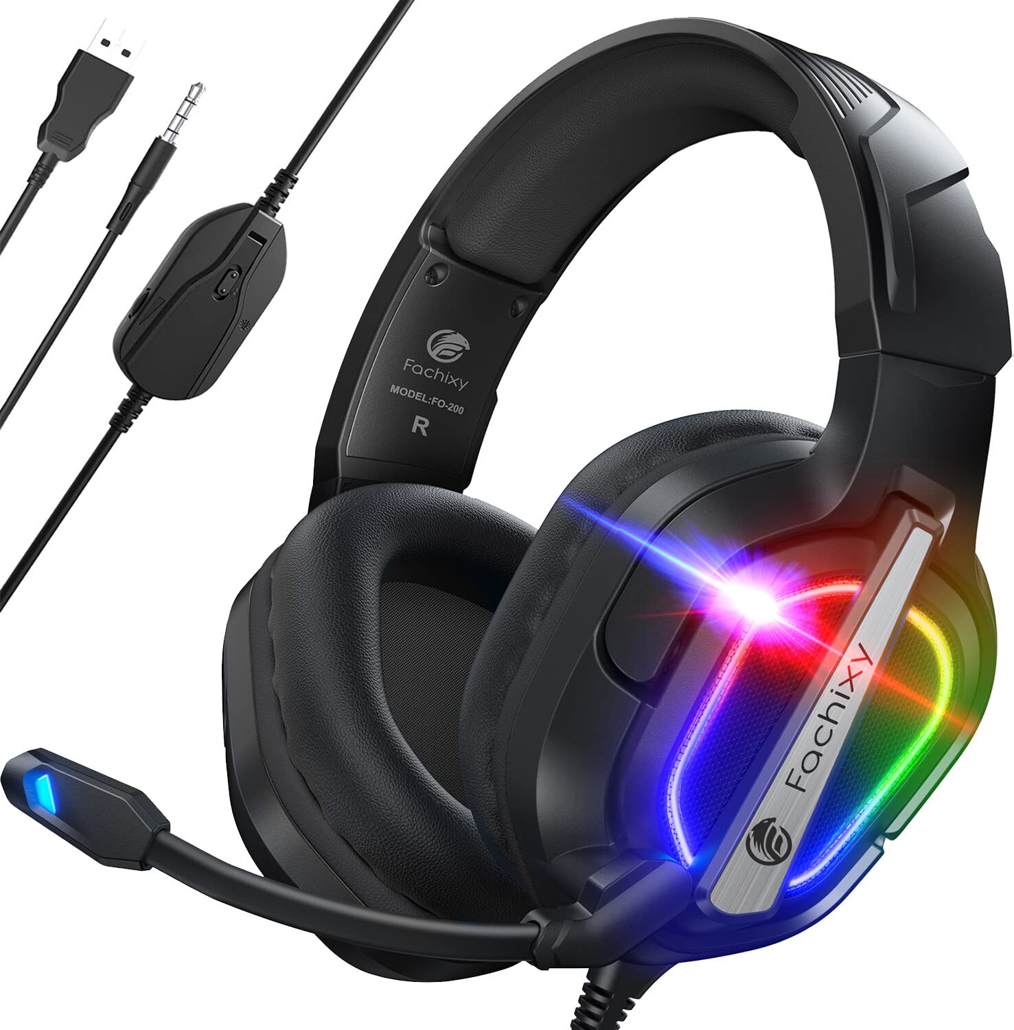 Fachixy [2023 New FC200 Mac Gaming Headset for PS4/PS5/PC/Xbox One, Noise Canceling Headset with Stereo Microphone Sound, Computer Headset with 3.5mm Jack & RGB Light