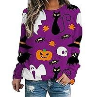 Graphic Hoodies Juniors Women Casual Pullover Halloween Print Round Neck Long Sleeve Hooded Sweatshirt Bohemian
