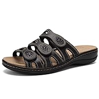 Classic Leather Sandals for women, Women Casual Sandals with Arch Support Adjustable Hook and Loop Straps Slip-On Sandals Shoes Outdoor Light Weight Sandals shoes