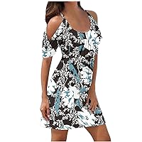 Cold Shoulder Dresses for Women Summer 2024 Vacation Boho Floral Print Sexy Scoop Neck Spaghetti Strap Cami Dresses Loose Fit