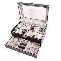 Double-Layer Large-Capacity Watch Case, Ladies Drawer Jewelry Storage Box, 12-Slot Multi-Function Watch Box Black 1217B