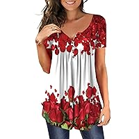 Stylish Plus Size Short Sleeve Top Womans Summer Soiree Henley Ruched Tops Ladies Thin Cosy Soft Graphic