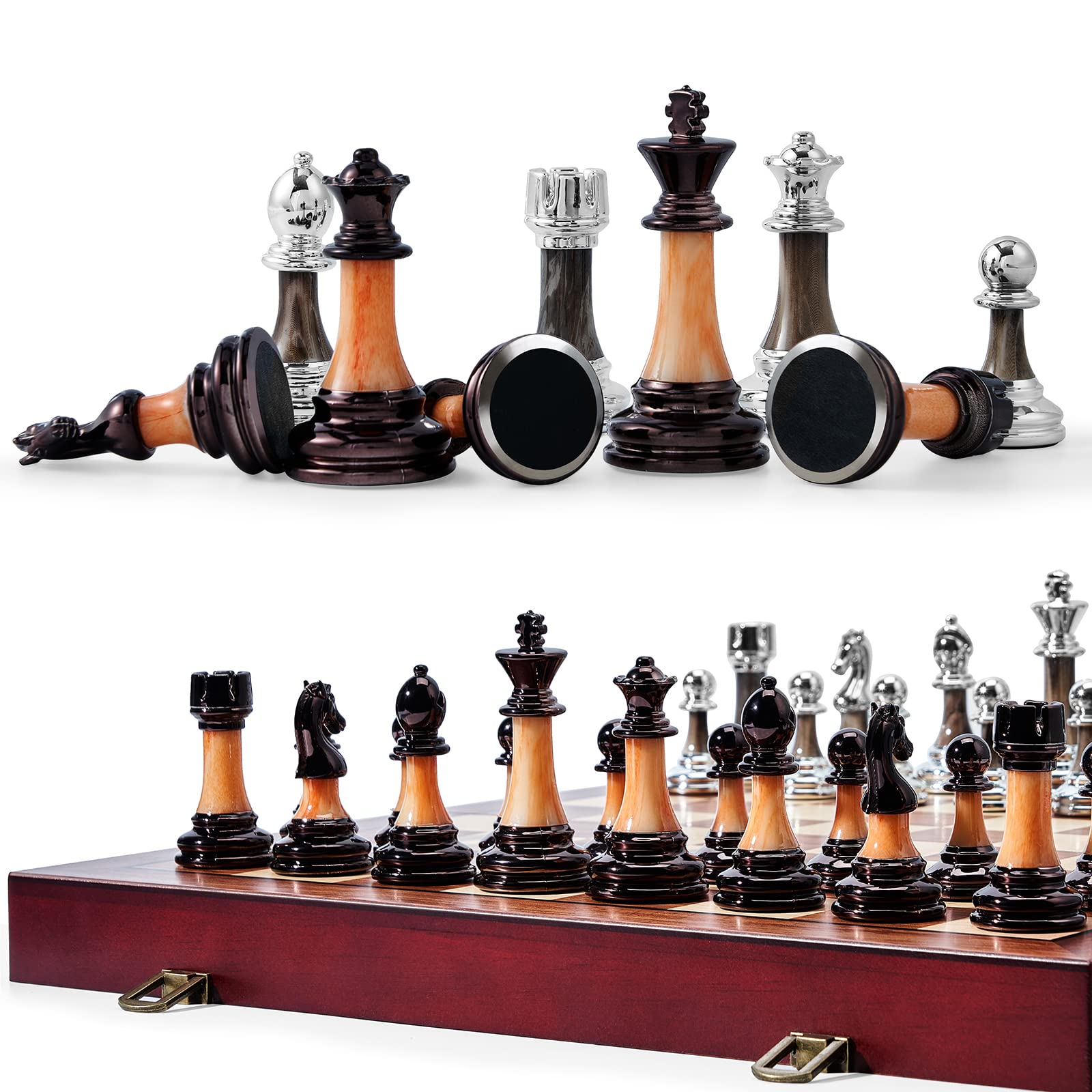 VAMSLOVE Chess Set Large 16''/42cm Folding Wooden Board with Deluxe Weighted Acrylic Chess Pieces - 3.5
