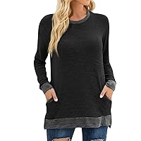 Dressy Tshirts Shirts for Women Round Neck Colorblock Pockets Long Sleeve Pullover Loose T Shirt Women Plus Size Tops