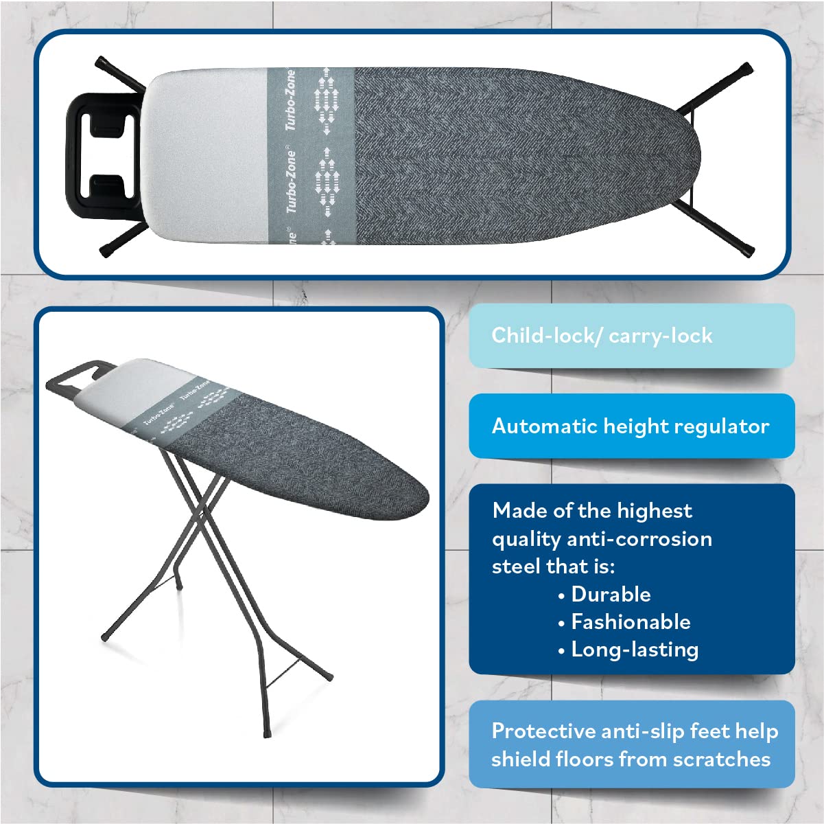 Bartnelli Classic Ironing Board with New Patent Technology | Made in Europe Iron Board with Patent Fast-Glide Zone, 4 Layer Cover & Pad, Height Adjustable, Safety Iron Rest, 4 Premium Steel Legs