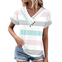Womens Henley Tops Short Sleeve,Womens Tops Summer Button Solid Color Ruched Short Sleeve Loose Shirts Basic Dressy Blouse Ladies 2024 Outfits Short Sleeve Shirts for Women