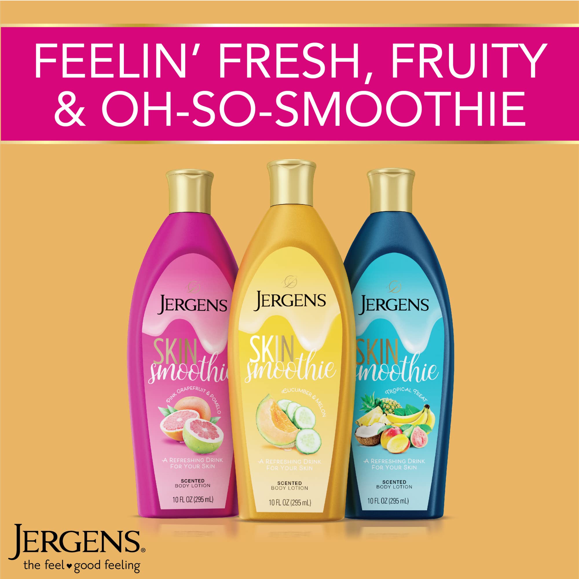 Jergens Skin Smoothie Body Lotion, Cucumber & Melon Scented Moisturizer, 24hr Hydration, Dye Free Formula, 10 Fl Oz (Pack of 3)