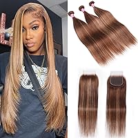 UNICE Blonde Brown Highlight Straight Human Hair 3 Bundles with 4x4 Lace Closure Free Part Brazilian Remy Hair Ombre Balayage Skunk Stripe Colored Human Hair Weave Sew in Extensions 16 18 20+14 Closure