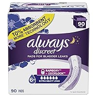Always Discreet Plus Incontinence Pads, Extra Heavy Absorbency, Long (90 Count)