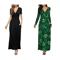 LILBETTER Black Summer Deep V Neck Maxi Dresses with Floral Long Maxi Casual Dresses Small