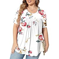 Anydeer Womens Plus Tunic Tops Summer Short Sleeve Casual Tshirts Pleated Blouses Flared Pullover