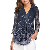 VALOLIA Womens 3/4 Sleeve Mesh Blouses Double Layers Tops Casual V Neck Floral Shirts