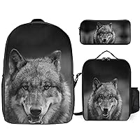 Scary Dark Gray Wolf Print Backpack 3Pcs Set Cute Back Pack with Lunch Bag Pencil Case Shoulder Bag Travel Daypack