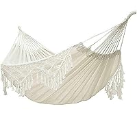 Double Sized Boho Macrame Cream Hammock with Elegant Tassels and Fishtail Knitting 485Lbs Includes Tie Ropes and White Drawstring Bag for Women