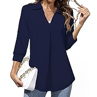 Heat Move Women's 3/4 Sleeve Work Blouse Collared V Neck Shirts Loose Fit Top for Public Occasion