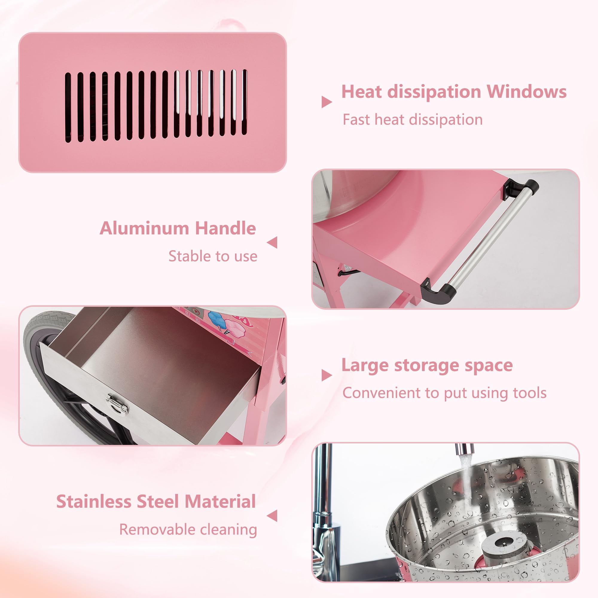 Candery Candy Cotton Machine with Cart for Kids, Electric Commercial Candy Cotton Maker with 20 Inch Stainless Steel Bowl Home Party Festival Pink