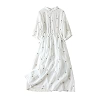 Women's Cotton Linen Dress Lapel Button Midi Dresses with Pockets