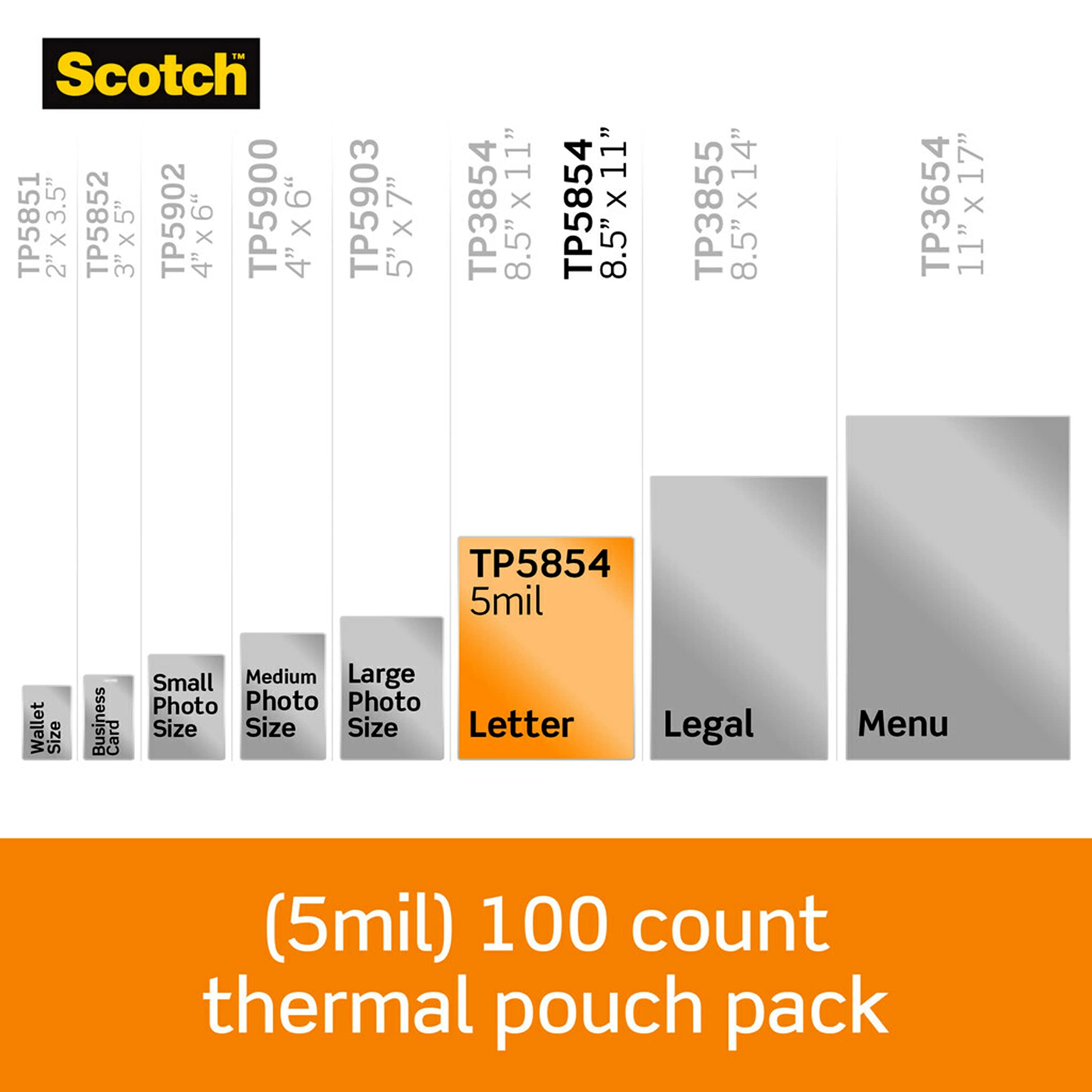 Scotch Thermal Laminating Pouches Premium Quality, 5 Mil Thick for Extra Protection, 100 Pack Letter Size Laminating Sheets, Our Most Durable Lamination Pouch, 8.9 x 11.4 inches, Clear (TP5854-100)