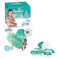 Pure Protection Disposable Baby Diapers Size 1, One Month Supply (198 Count) with Aqua Pure Baby Wipes, 6X Pop-Top Packs (336 Count)