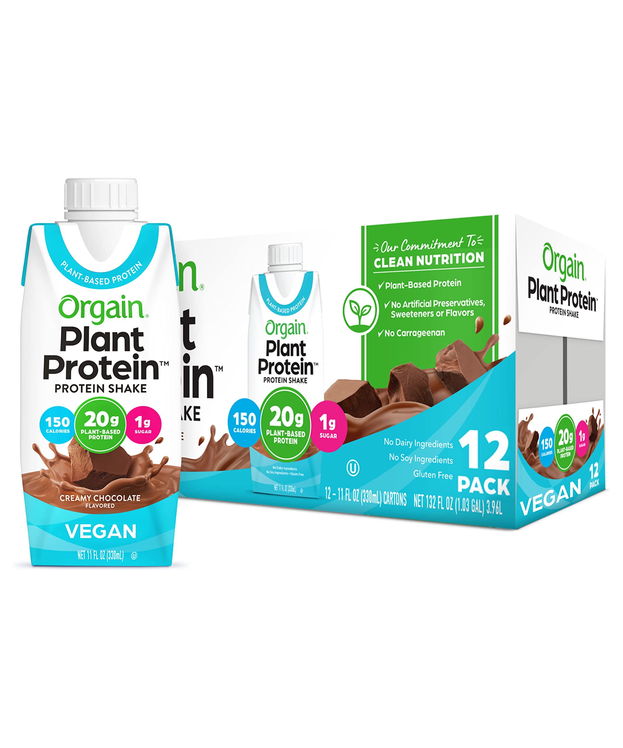 Orgain Vegan Protein Shakes, 20g of Plant Based Protein, Creamy Chocolate - Gluten Free, No Dairy, Soy, or Preservatives, No Added Sugar, 11 Fl Oz,...