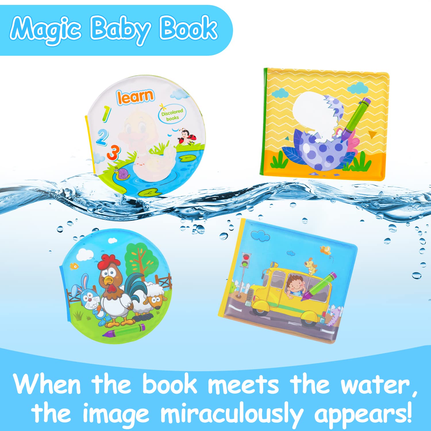 4PCS Bath Books, 2 In 1 Baby Bath Toys & Coloring Books for Toddlers 1-3 Waterproof Mold Free Bathtime Shower Toys 12-18 Months Toddler Bathtub Toys Age 1-2 2-4 1 2 3 Year Old Girl Boy Birthday Gifts