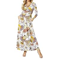 CATHY Women's Dresses Deep V-Neck Long Sleeve Empire Waist Long Dress Casual with Pockets