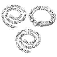 Halukakah Gold Chain for Men Iced Out,Men's 14MM Platinum White Gold Finish Miami Cuban Link Chain Choker Necklace 18In + 24In + Bracelet 8In Set,Full Cz Diamond Cut Prong Set,Gift for Him