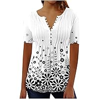 Short Sleeve T Shirts for Women V Neck Graphic T Shirts Button Pleated Boho Tops Elegant Vintage Floral Dressy Blouses