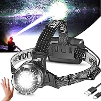 Headlamp Rechargeable, 150000 Super Bright Headlamp Flashlight with 8 Modes & Sensor Function, Zoom, Battery Powered Detachable, IP67 Waterproof USB Head Lamp for Camping, Hunting