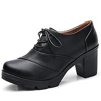 Women's Leather Platform Lace Up Chunky Mid-Heel Loafers Classic Round Toe Dress Oxfords Casual Comfort Walking Pump Shoe for Business Office &Work