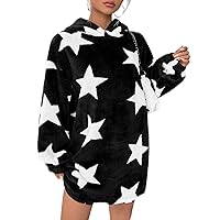 sweatshirts for women - Star Pattern Drop Shoulder Faux Flannel Hoodie Dress (Color : Black and White, Size : Medium)